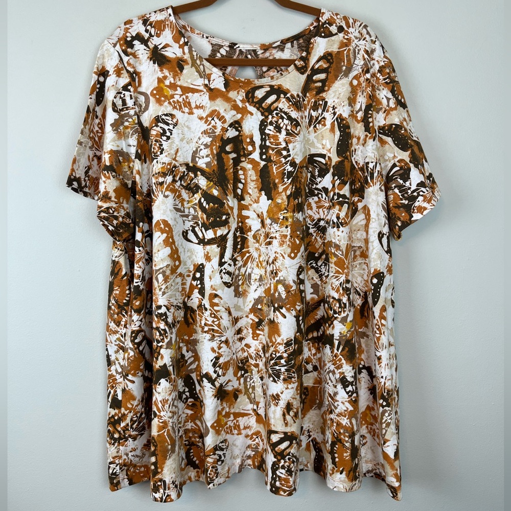 Roaman’s Swing Butterfly Print Ultimate Tee with Keyhole Back Size 2X